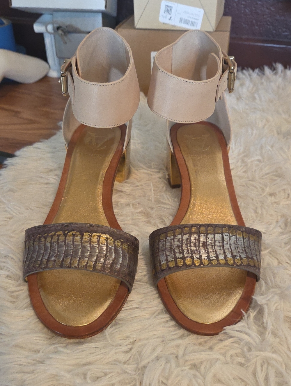 Vero Cuoio Gold and Nude Block Heel Sandals with Metallic Textured Strap